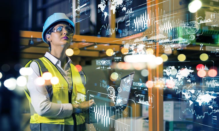 Image shows woman in hi-viz jacket and helmet in front of yellow girders with overlay of tech icons